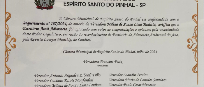 Câmara de Vereadores de Espírito Santo do Pinhal/SP parabeniza Aceti Advocacia pelo reconhecimento no “Legal Awards 2023” como o escritório do ano de 2023.